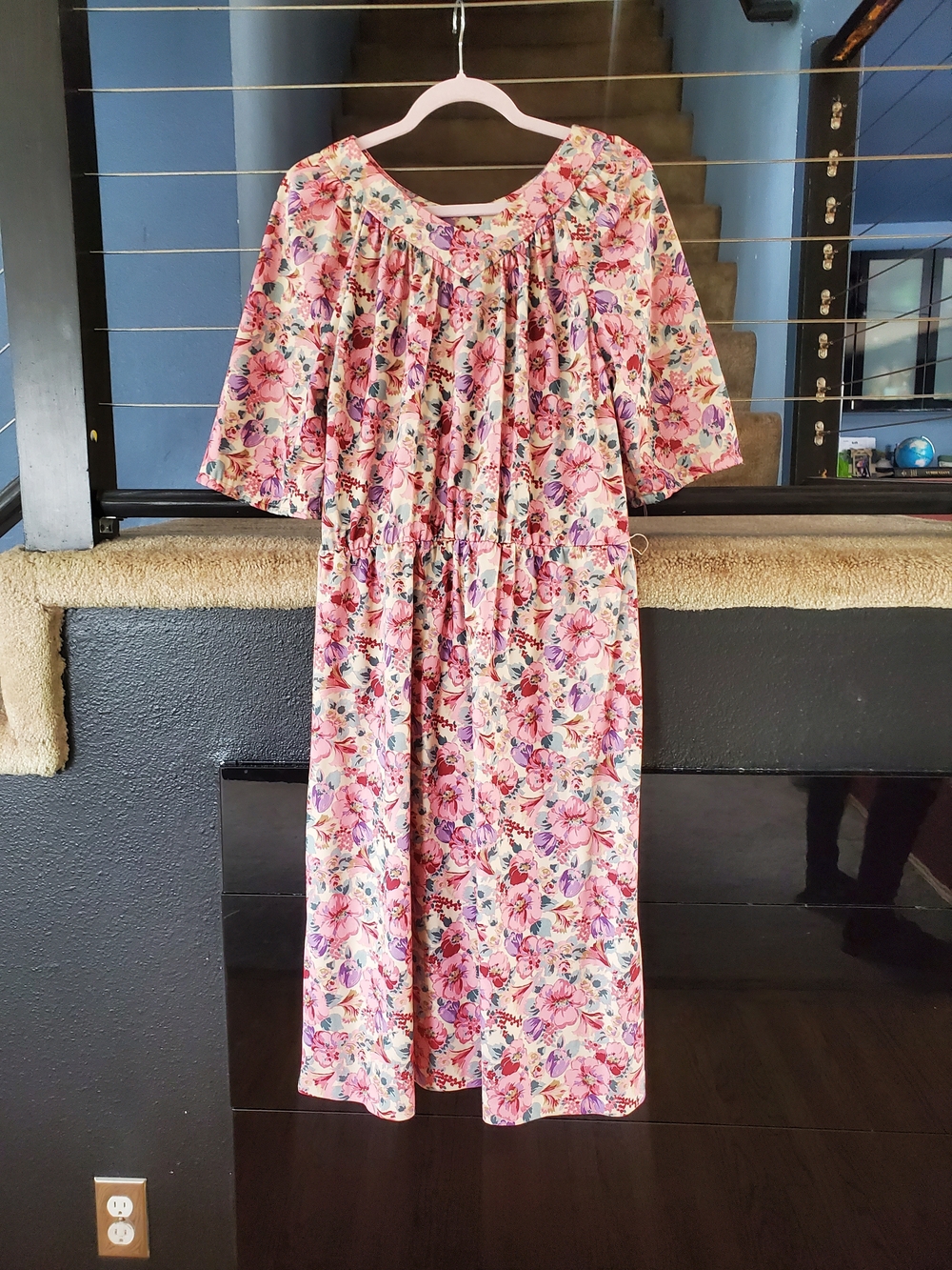 Vintage Pink Floral Midi Dress with Purple and Green Accents